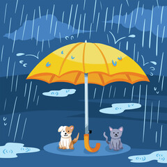 Cute dog and cat under yellow umbrella in the middle of rain with blue background and puddles decoration. Animals in pouring rain protected by umbrella. Heart warming adorable isolated illustration.