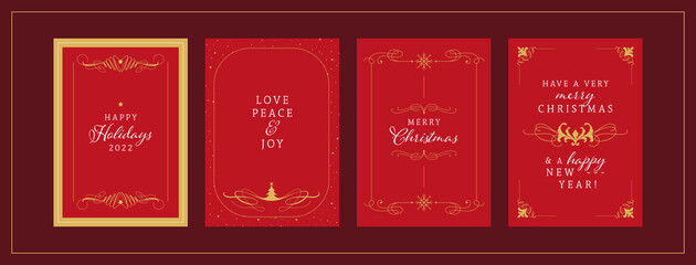 Set Of Red Gold Christmas Cards With Vintage Borders & Frames