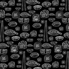 Seamless pattern with sushi isolated on black background. Design for chalkboard