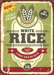Long grain white rice retro advertisement sign on old scratched metal plate. Vintage food label illustration with vector design elements. Rice package design template.