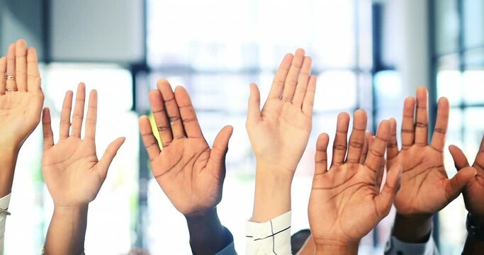 Hands raised, business people and diversity team to volunteer, ask questions or vote at corporate office. Employees, staff or men and women together for collaboration, teamwork and community election