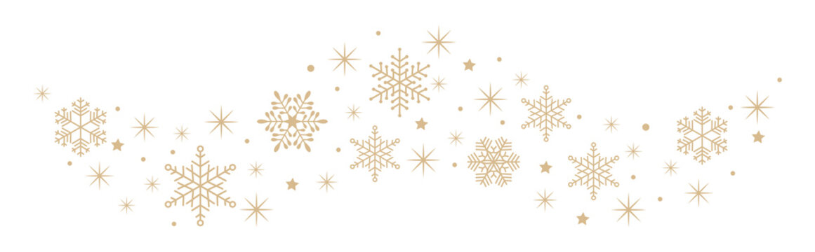 Minimal border of simple golden snowflakes and stars. Decorative snow wave