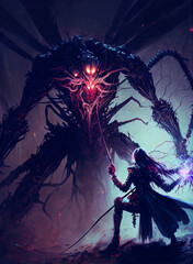 epic fight between powerful wizard and giant spider