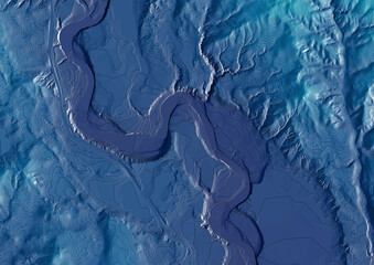 Concept de fond - Vue aérienne de paysage vallonné territoire montagneux - Rendu 3d modèle numérique de terrain avec courbes de niveau