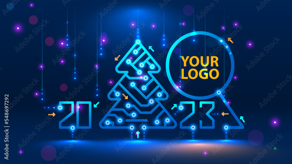 Poster Template New Year and Happy Christmas cards in the style of new technology. Christmas tree, 2023 year on printed circuit Board. Snowfall, snow flakes from the electronic pulses and signals. Tech 2023.