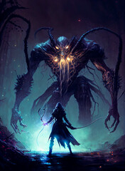Fantasy epic fight between powerful wizard and giant monster