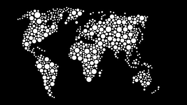 World map from white circles of different sizes on isolated black background moving sideways.

