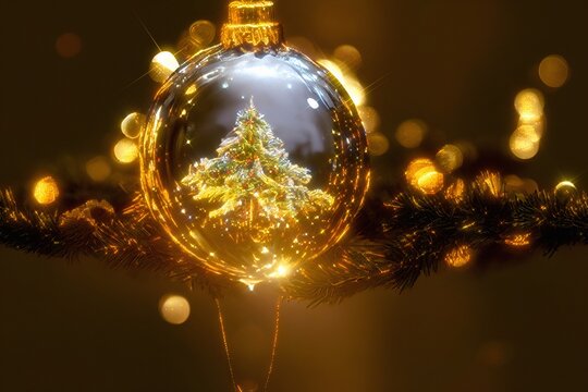 Christmas postcard or background with a bauble and a branch of a pine tree lit by Christmas tree golden lights. Inside the glass ball a miniature decorated Christmas tree. Holidays concept painting.