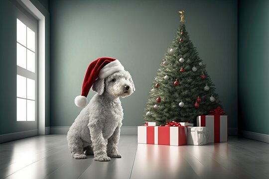 Adorable Bedlington Terrier Puppy with Santa Claus Hat, 3D Rendered