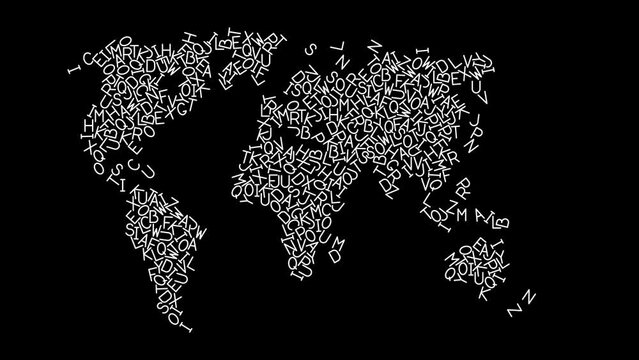 World map from white letters of latin alphabet on isolated black background moving sideways.
