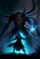 epic fight between powerful wizard and giant monster