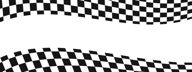 Waving race flags background with copy space. Motocross, rally, sport car competition wallpaper. Warped black and white squares pattern. Checkered winding texture. Distorted chessboard layout