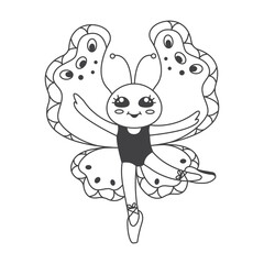 Cute butterfly ballerina, black and white outline illustration