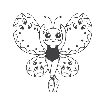 Cute butterfly ballerina, black and white outline illustration