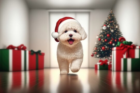 A Happy Smiling Adorable Bichon Frise Puppy with Santa Claus Hat, 3D Rendered