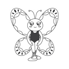 Cute butterfly ballerina, black and white outline illustration