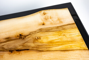 Coffee table, living room table. Resin handmade wood table. White background.