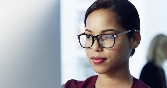 Business woman, computer and vision glasses for reading company kpi data, target audience research or digital marketing schedule. Thinking creative designer, worker and employee on office technology