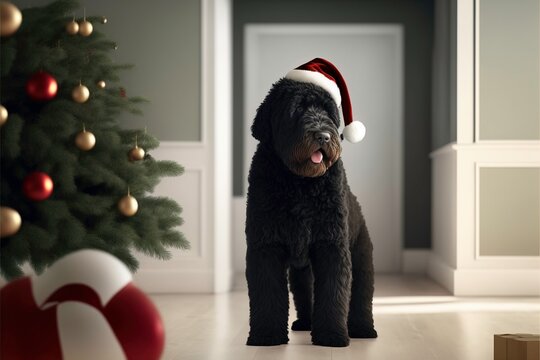 Adorable Black Russian Dog with Santa Claus Hat, 3D Rendered