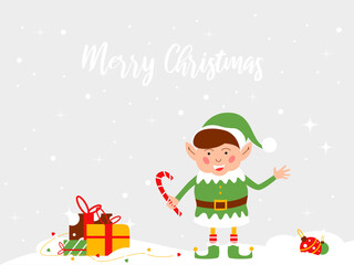 Vector colourful illustration of christmas elf with gifts and snow falling down