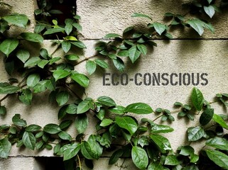 Green plant climber on wall with text ECO-CONSCIOUS, concept of showing sensitiveness for the...