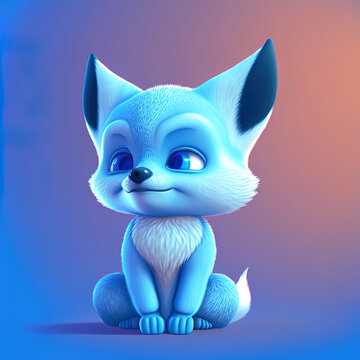 3D cartoon character of a blue fox on gradient background. 3D