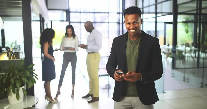 Businessman, smartphone and communication, scroll through social media or email check for work with technology. Black man, business and modern office with startup portrait and smile, phone and 5g.