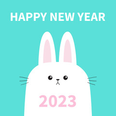 Happy Chinese New Year 2023. The year of the rabbit. White bunny head face. Picaboo. Flat design. Big ears. Cute kawaii funny cartoon character. Baby greeting card. Blue background.