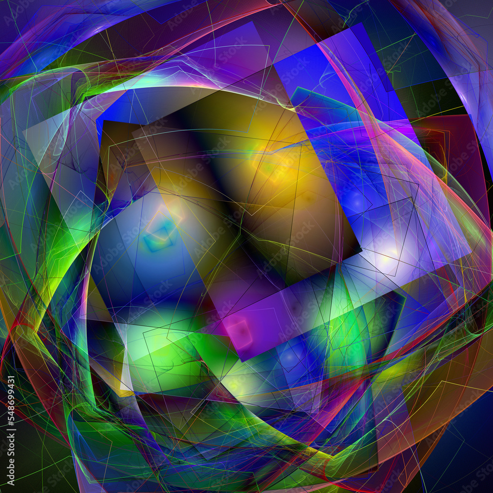 Poster bright geometric shapes and lines overlap each other, intersect and create a pattern on a black back