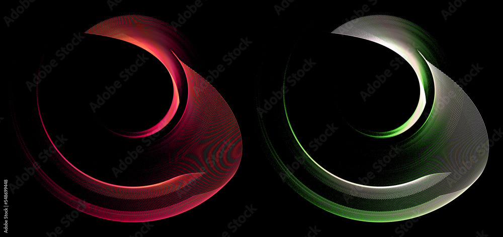 Poster the red and green blades of the abstract propellers create a frame and rotate on a black background.