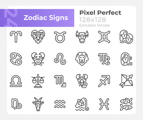 Fototapeta premium Zodiac signs pixel perfect linear big icons set. Astrological elements. Customizable thin line symbols. Isolated vector outline illustrations. Editable stroke. Montserrat Bold, Light fonts used