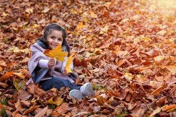 Portrait of a cute girl in warm clothes sitting in autumn colored leaves in a park on a sunny October day