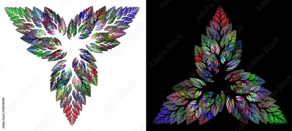 Poster branches with colorful leaves form a triangle on black and white backgrounds. set of graphic design 