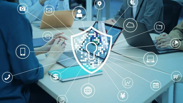 Group of people meeting in office and network security concept.