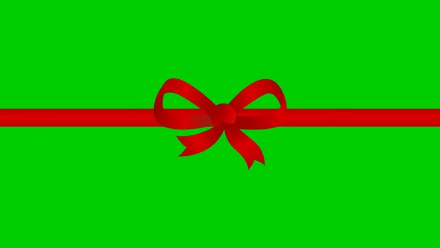Animated red ribbon with a bow. Vector illustration isolated on the green background.