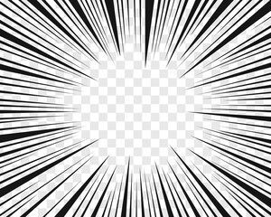 Obraz premium Design of manga book page. Cartoon emphasis effect. Radial black lines on transparent background. Comic splash, explosion, power, scream, motion, burst vizualisation