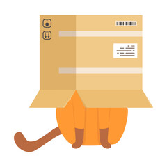 Cat with box, preposition under, cartoon illustration. Visual representation of English preposition of place for children. Pet above