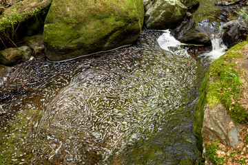 Water with foam between the stones with moss
