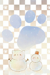 寒中お見舞い　猫と雪だるま(コピースペース有りver)