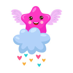 Cute kawaii star with wings on cloud cartoon illustration. Funny star character for kids isolated on white background
