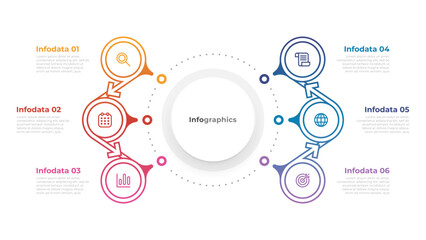 Business infographic label design with arrows and marketing icons. Timeline process with 6 options or steps. Vector illustration.