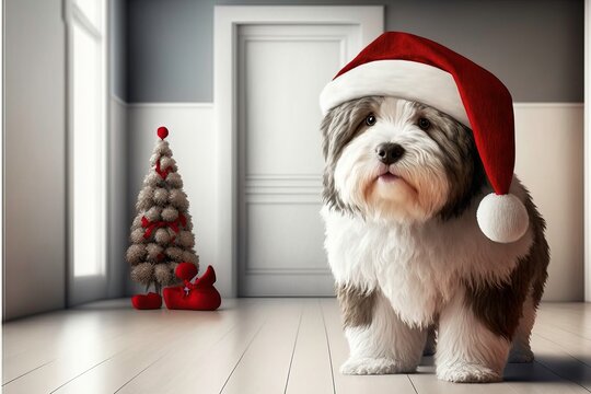 A Happy Smiling Adorable Havanese Puppy with Santa Claus Hat, 3D Rendered