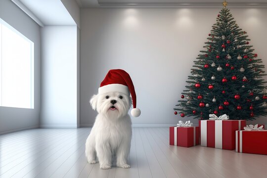 A Happy Smiling Adorable Maltese Puppy with Santa Claus Hat, 3D Rendered