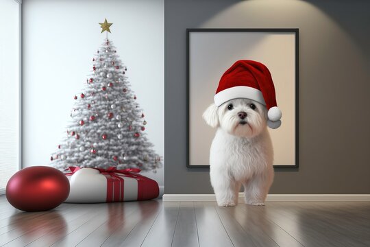 A Happy Smiling Adorable Maltese Puppy with Santa Claus Hat, 3D Rendered