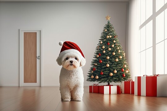 A Happy Smiling Adorable Maltipoo Puppy with Santa Claus Hat, 3D Rendered