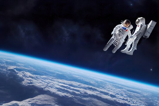 illustration of astronauts in space above earth