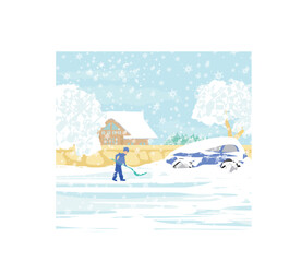 Man shoveling snow on winter landscape