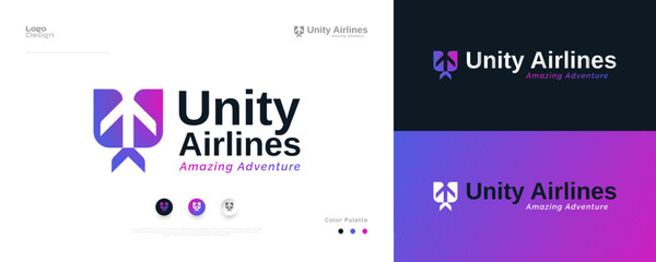 Modern and Colorful Airplane Logo Design with Initial Letter U. Abstract Plane Logo or Icon, Suitable for Aviation, Tourism or Travel Business Logo © WzKz