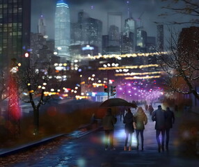 Night city rainy street   blurred light car traffic people with umbrellas rain drops urban scene