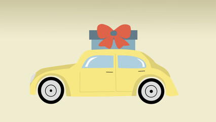 yellow car with gifti in the beige background